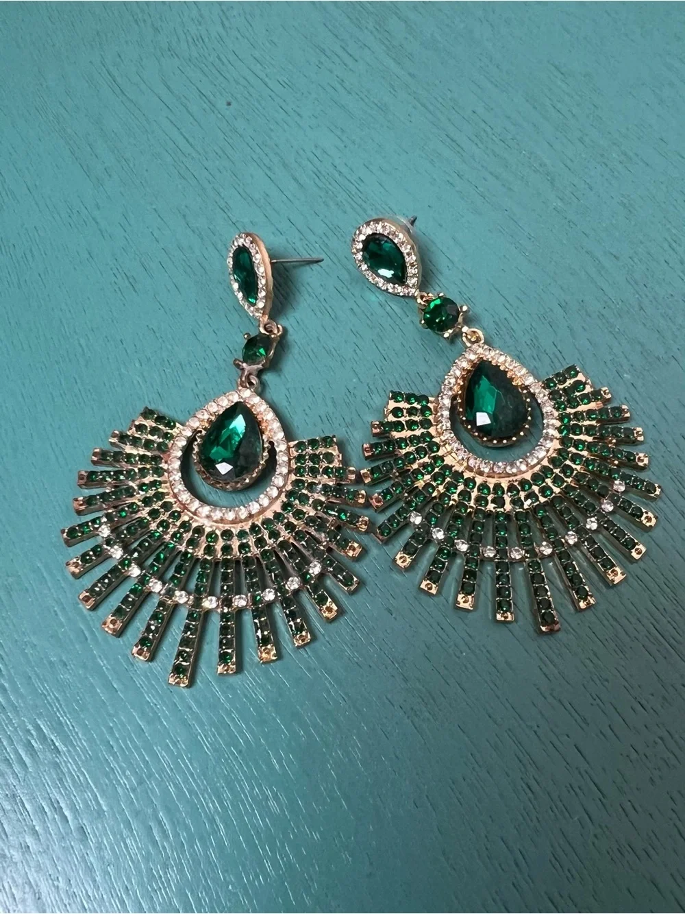 Emerald Green Teardrop Fan Large Statement Earrings